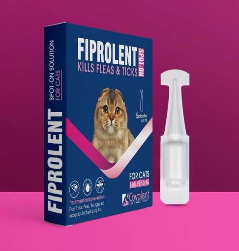 Cova Fiprolent Spot On Kills Fleas & Ticks For Cats - 5 Pipette * 1 ml